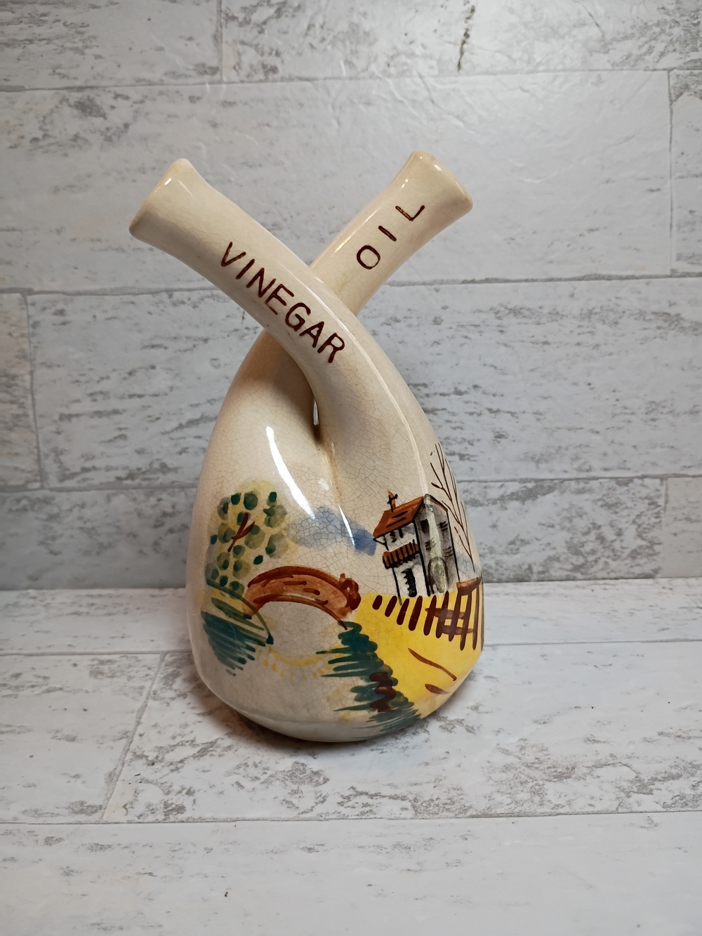 Vintage OLDE THOMPSON Double-Neck Ceramic Oil & Vinegar Cruet (Rare Find)
